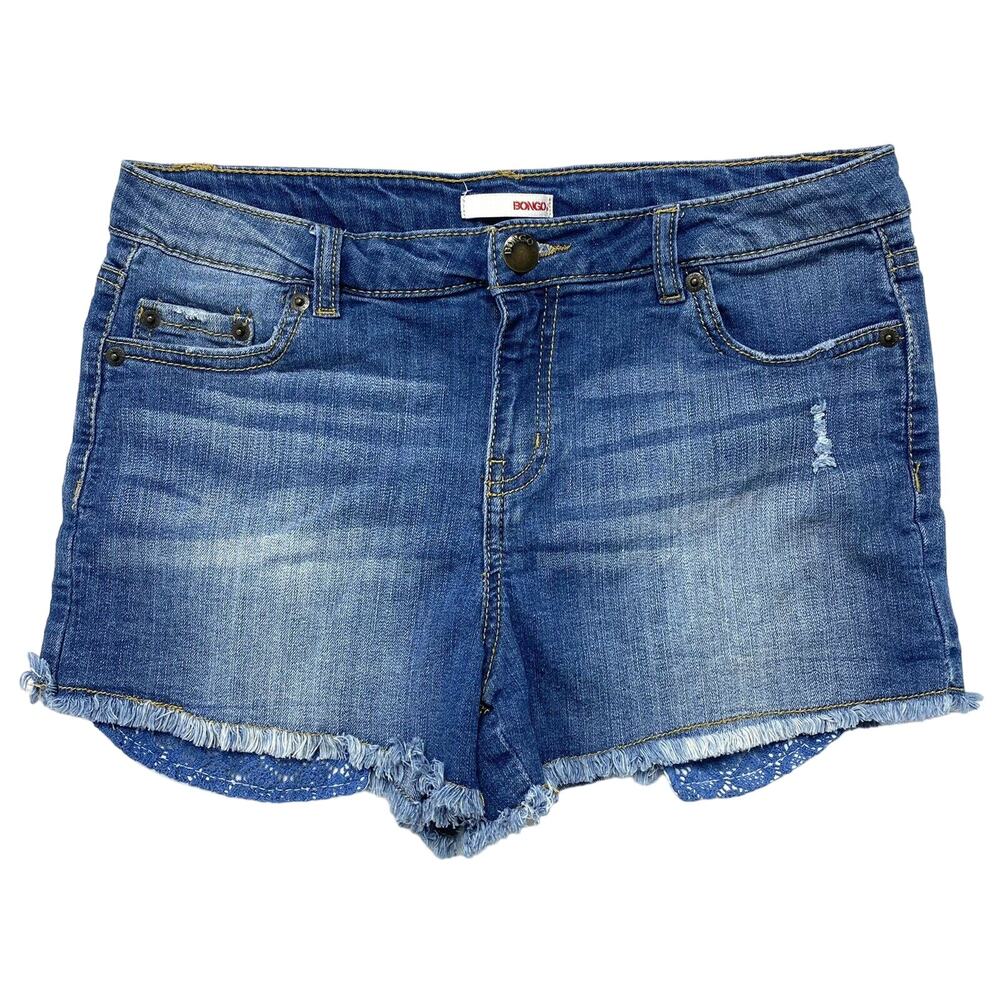Peekaboo Pocket Denim Cutoff Shorts Size 7 Raw Hem Blue Lace Boho Midrise BONGO